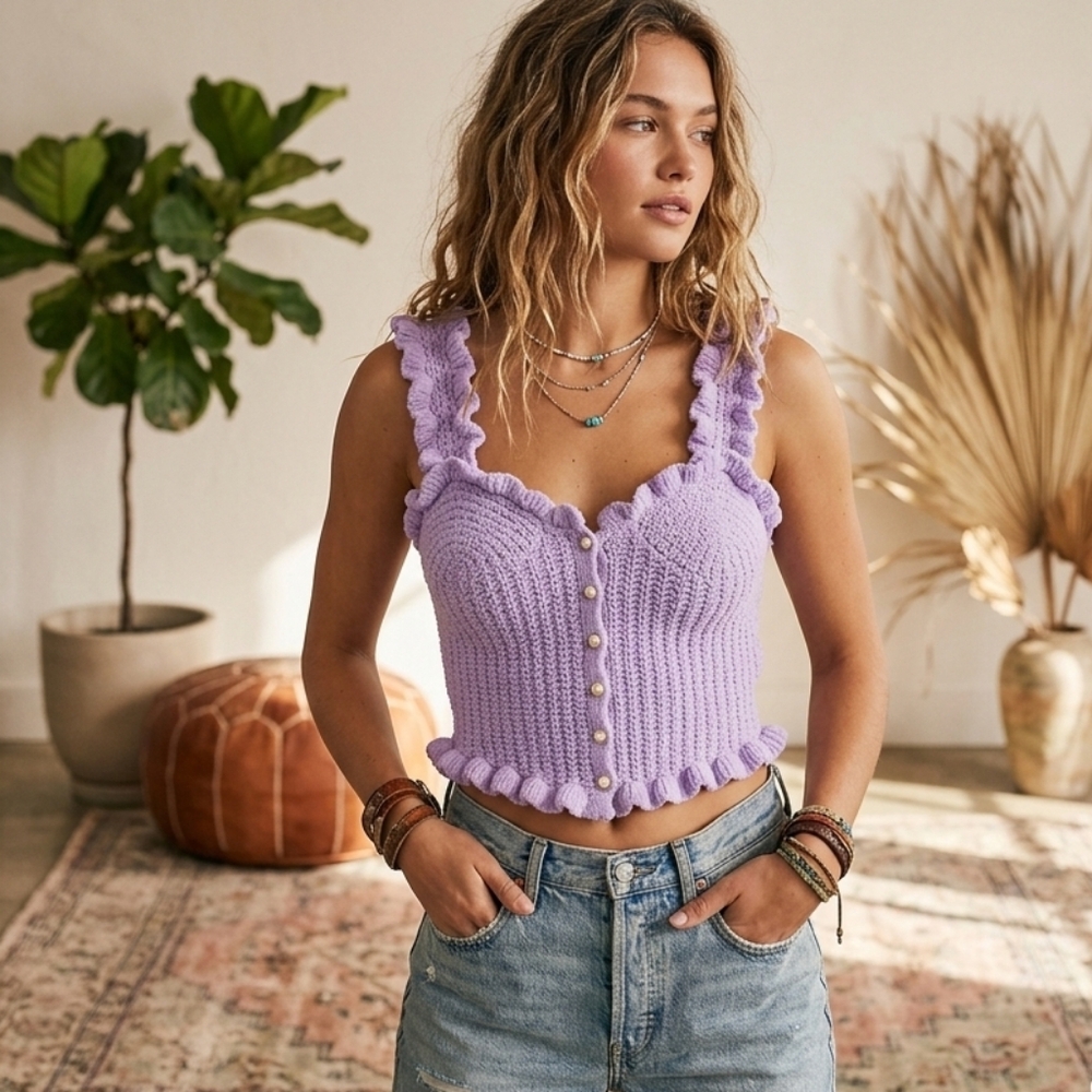 Coquette Ruffle Knit Crop Tank Stretchy Balletcore Cottage Bridal Romantic 🇺🇦